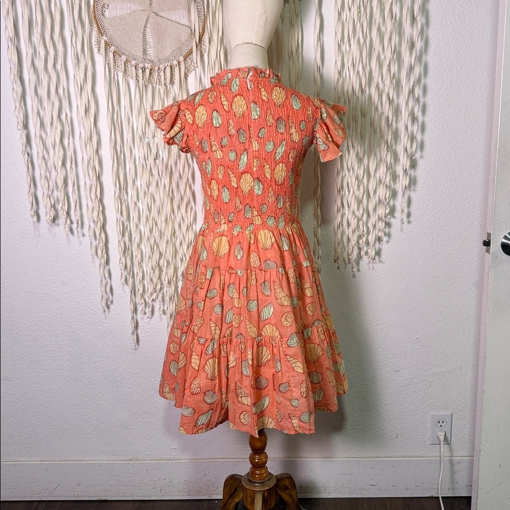 Victoria Dunn Elastic Smocked Chest Shell Print Below Knee Cap Sleeve Dress XS - Picture 4 of 11
